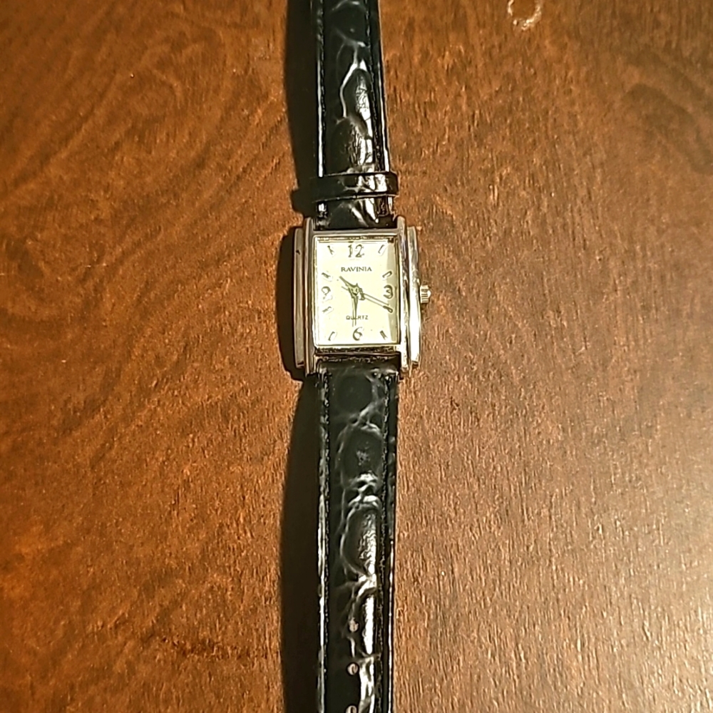 Ravinia Quartz Ladies Watch, Silvertone, Black Leather Band, Analog Numbers